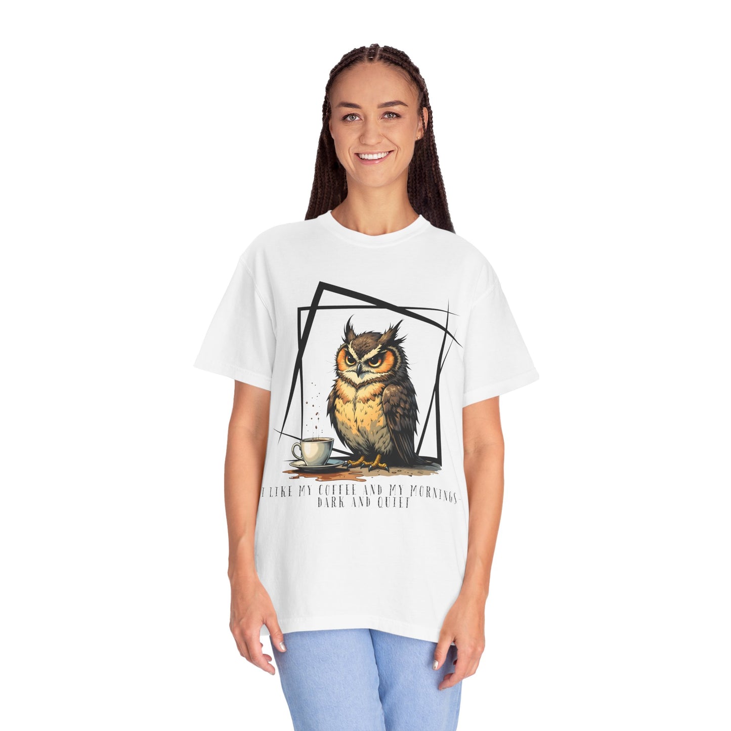 Owl & Coffee Graphic T-Shirt — 'A Day to Coffee and Contemplate'