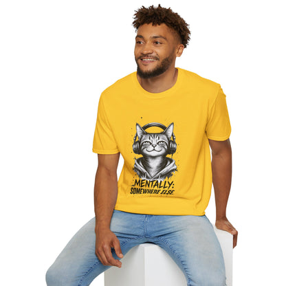 T-Shirt — Cat with Headphones "Mentally: Somewhere Else" – Cute Relaxed Graphic Tee for Cat Lovers
