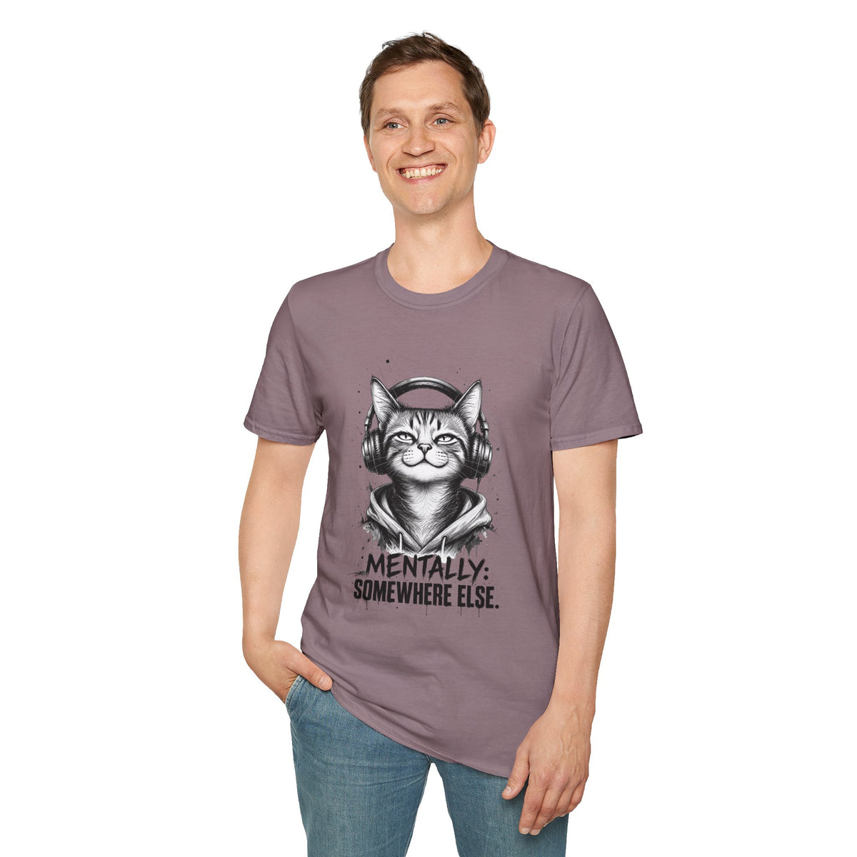 T-Shirt — Cat with Headphones "Mentally: Somewhere Else" – Cute Relaxed Graphic Tee for Cat Lovers