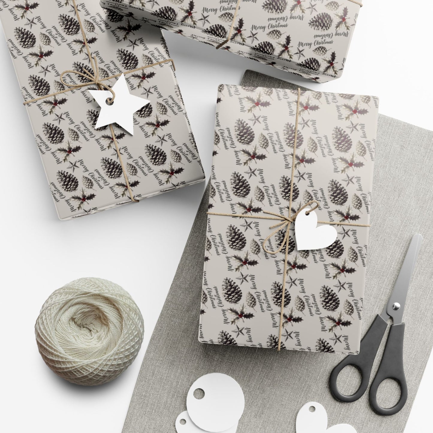 Gift Wrap Paper - Neutral Pinecone & Sprig Pattern, Rustic Holiday Wrapping Paper