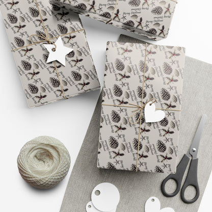 Gift Wrap Paper - Neutral Pinecone & Sprig Pattern, Rustic Holiday Wrapping Paper