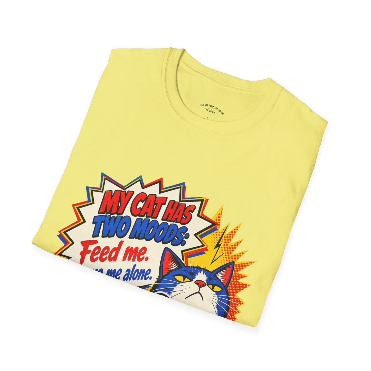 Cat T-Shirt — "My Cat Has Two Moods: Feed Me, Leave Me Alone" Funny Retro Comic Tee