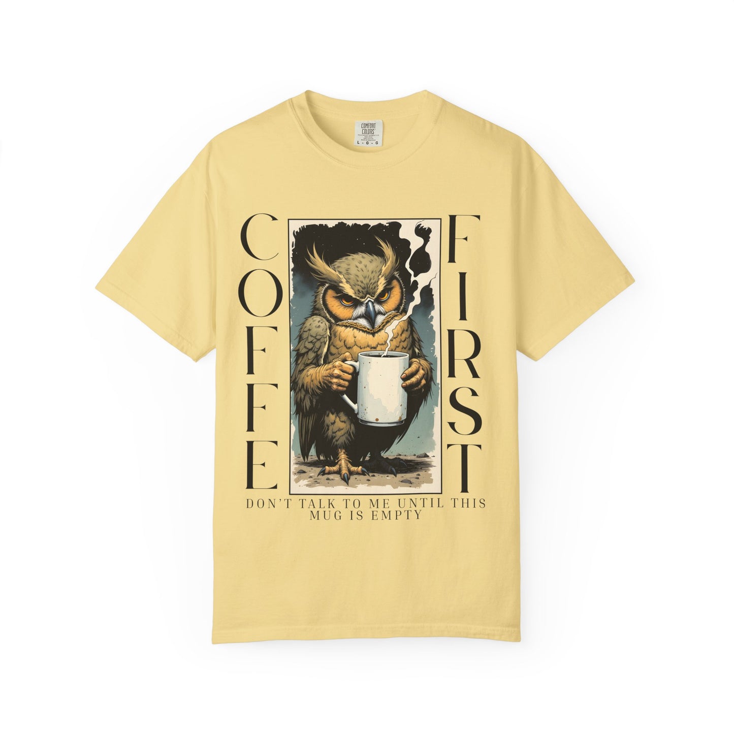 Coffee First Owl T-Shirt — Vintage Owl Holding  Graphic Tee