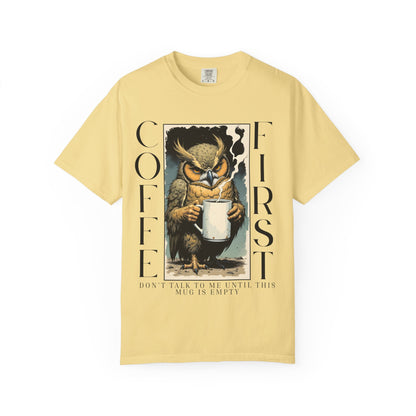 Coffee First Owl T-Shirt — Vintage Owl Holding  Graphic Tee