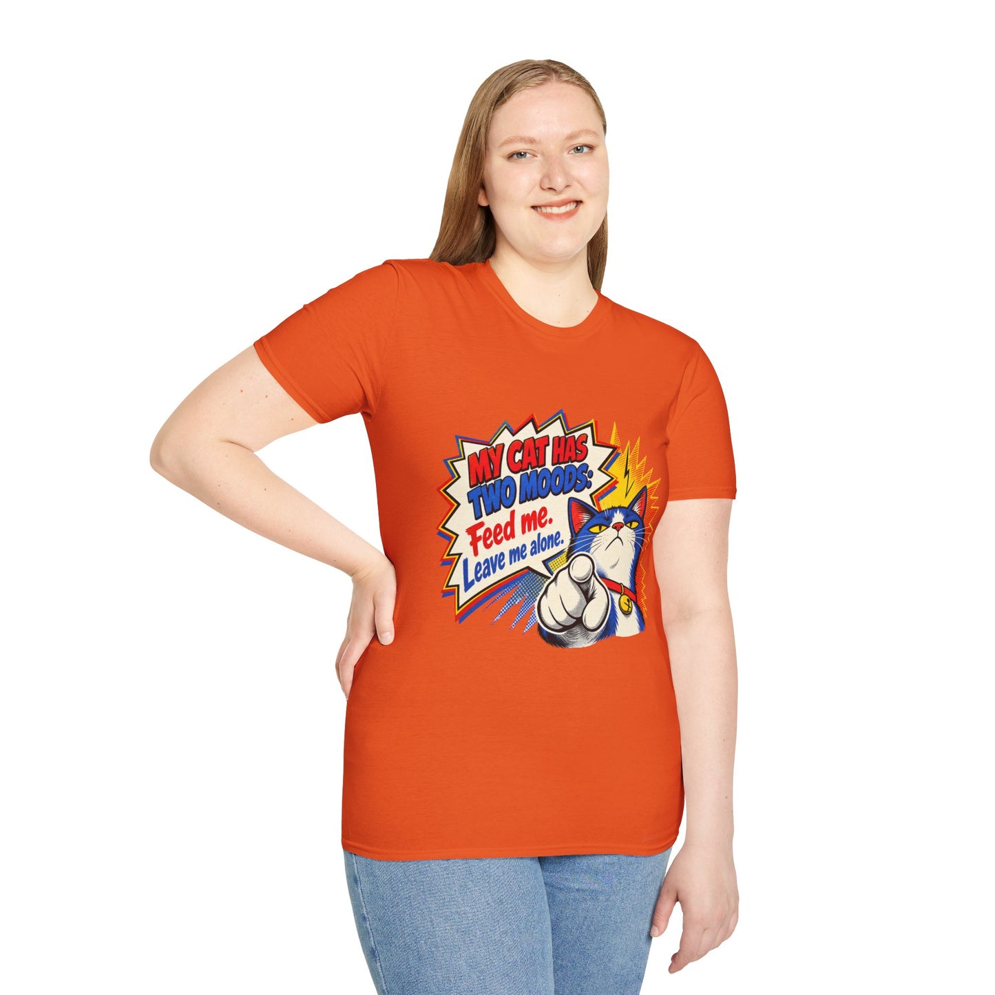 Cat T-Shirt — "My Cat Has Two Moods: Feed Me, Leave Me Alone" Funny Retro Comic Tee
