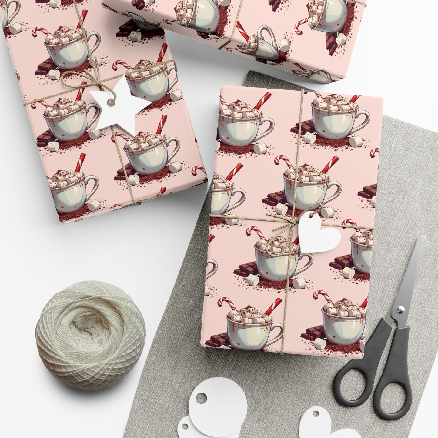 Tea Cup Pattern Gift Wrap Paper — Pink Hot Cocoa & Candy Cane Holiday Wrapping Paper