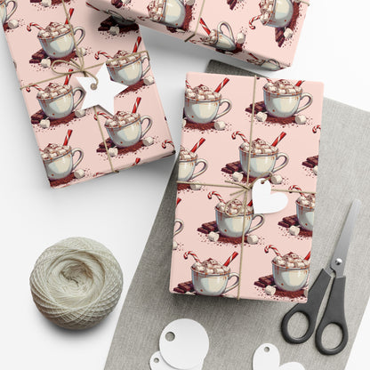 Tea Cup Pattern Gift Wrap Paper — Pink Hot Cocoa & Candy Cane Holiday Wrapping Paper
