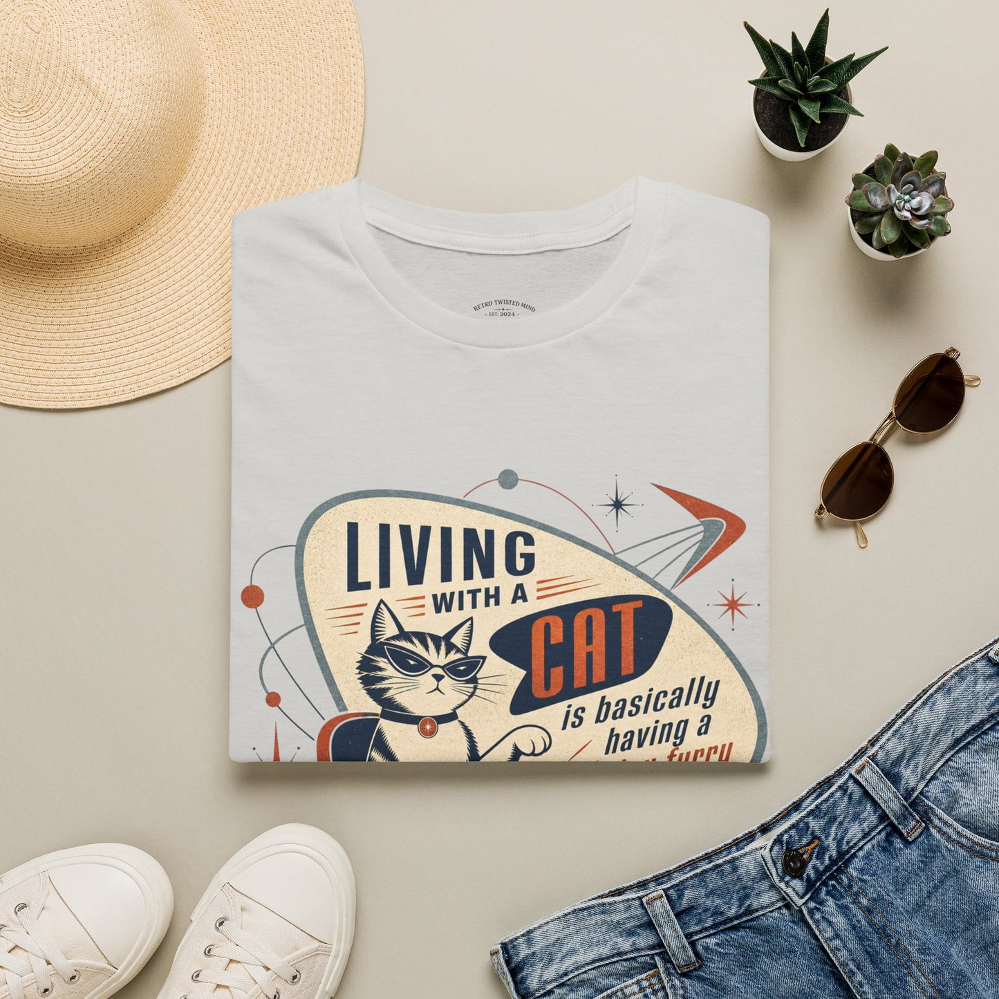 Cat T-Shirt — "Living with a Cat is Basically Having a Furry CEO" Retro Graphic