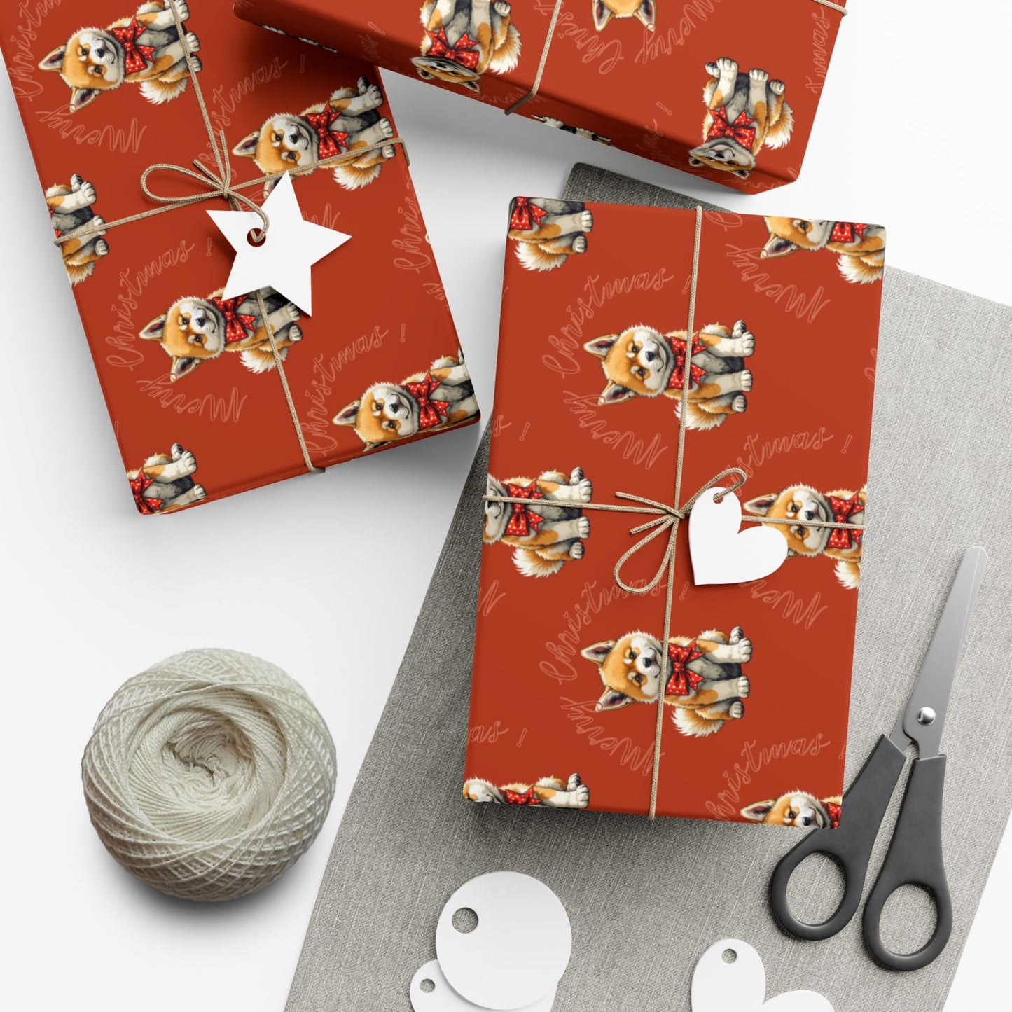 Christmas Corgi Gift Wrap Paper — Red Holiday Wrapping Paper with Cute Corgi Dogs