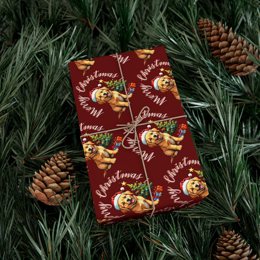 Gift Wrap Paper - Cute Golden Retriever Christmas Pattern (Maroon, "Merry Christmas")