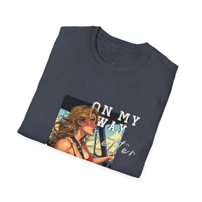 Vintage-Inspired Unisex Softstyle T-Shirt - 'On My Way to Better Life'woman driving,twisted