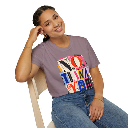 No, Thank You Graphic Tee — Colorful Bold Lettering T‑Shirt