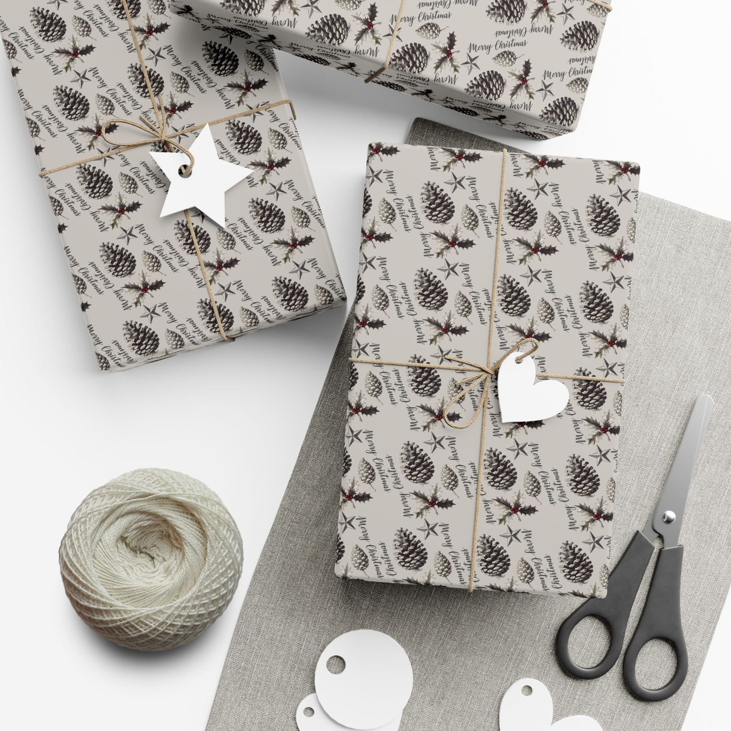 Gift Wrap Paper - Neutral Pinecone & Sprig Pattern, Rustic Holiday Wrapping Paper