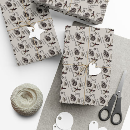Gift Wrap Paper - Neutral Pinecone & Sprig Pattern, Rustic Holiday Wrapping Paper