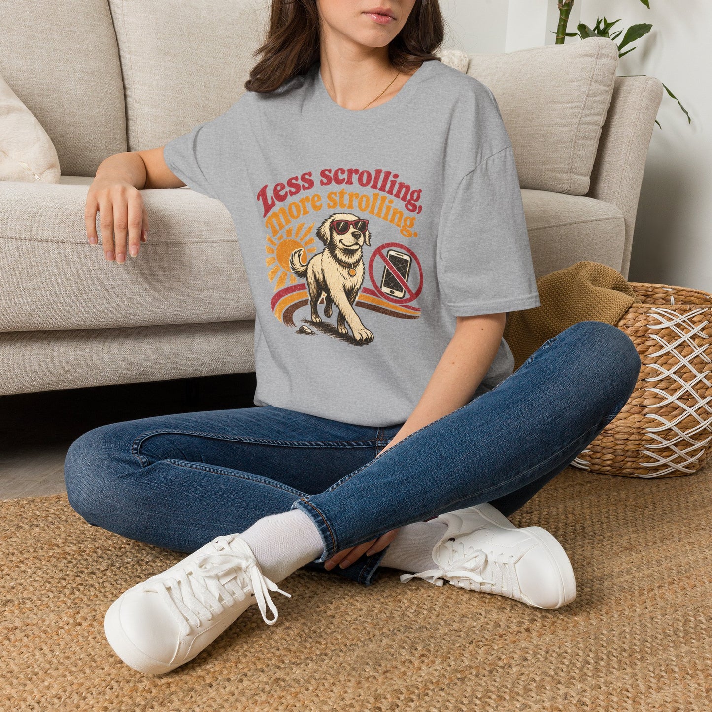Less Scrolling More Strolling T-Shirt — Retro Dog Walk Graphic Tee
