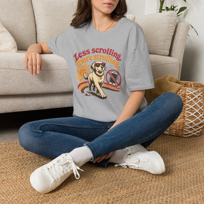 Less Scrolling More Strolling T-Shirt — Retro Dog Walk Graphic Tee