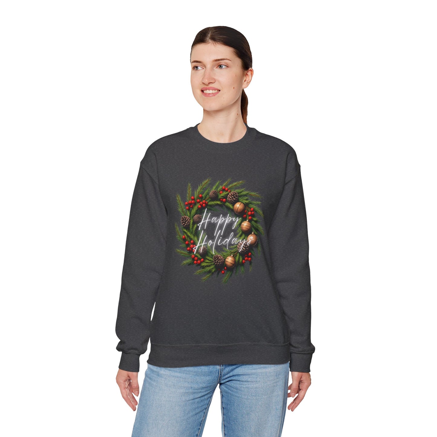 Christmas Wreath Crewneck Sweatshirt – Festive Pine & Ornaments Holiday Sweater