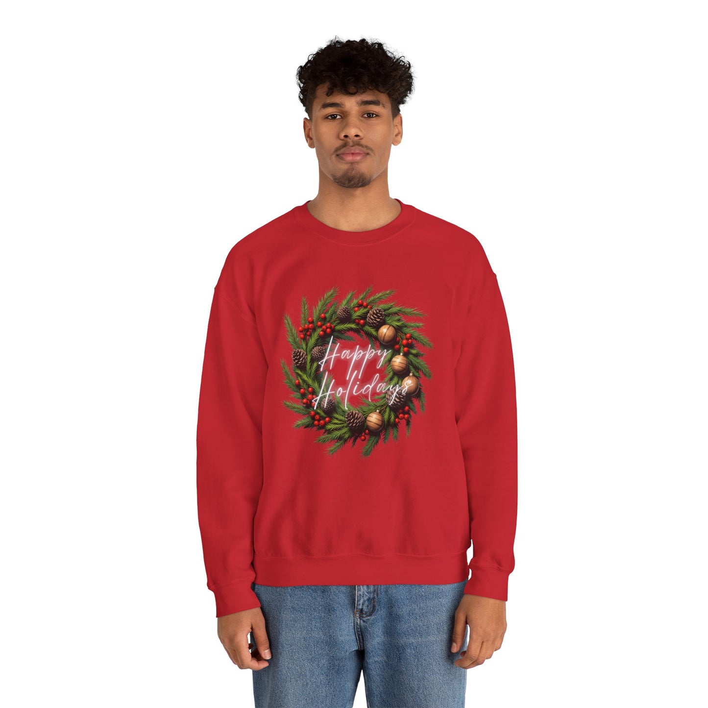 Christmas Wreath Crewneck Sweatshirt – Festive Pine & Ornaments Holiday Sweater