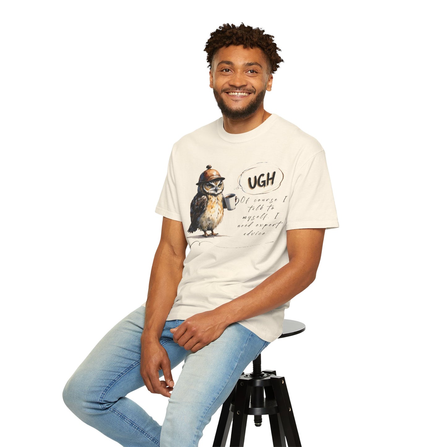 “Ugh” Owl Coffee T-Shirt — Cute Illustrated Owl Saying “UGH” with Coffee