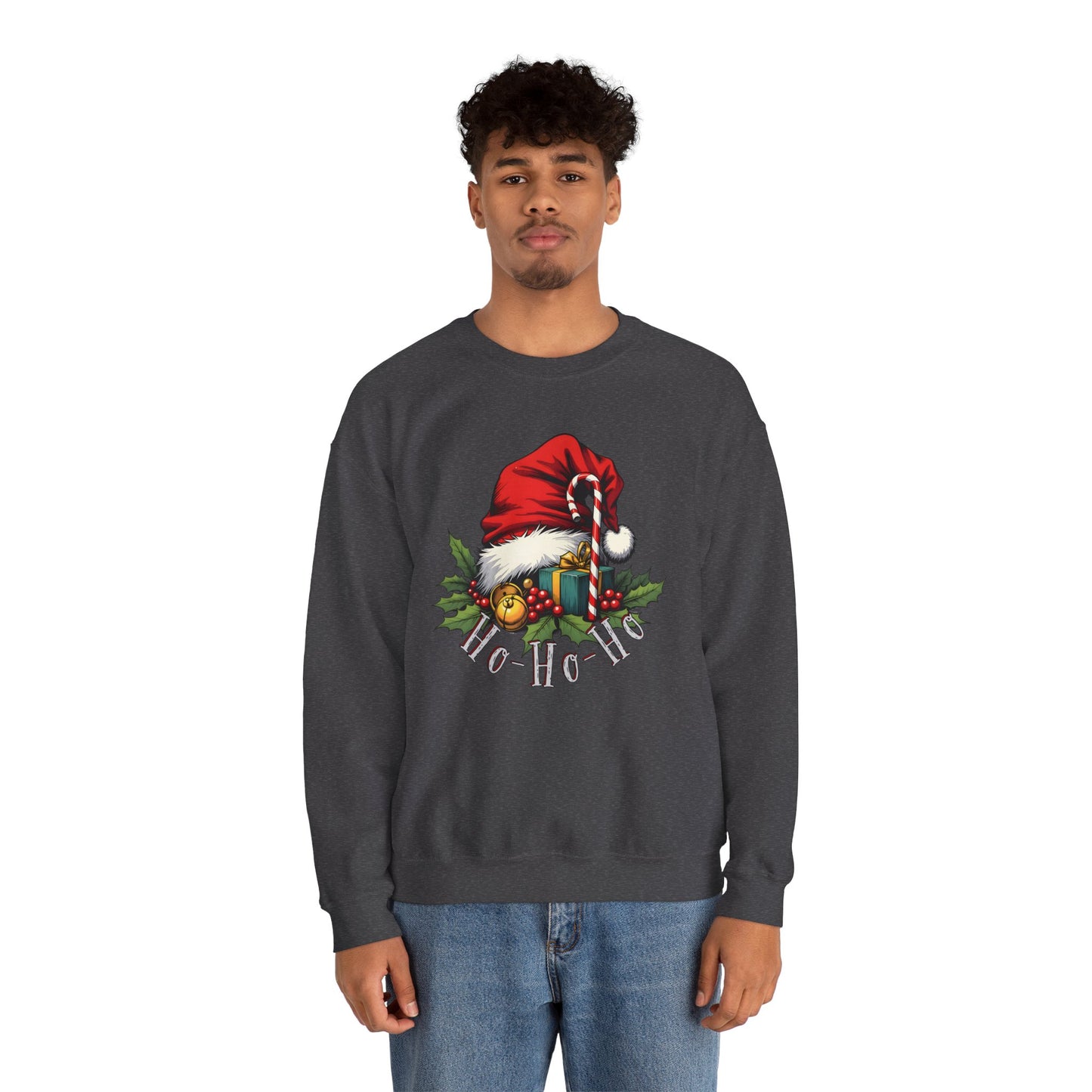 Christmas Sweatshirt - 'Ho-Ho-Ho' Santa Hat & Holly Holiday Crewneck