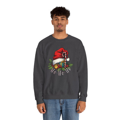Christmas Sweatshirt - 'Ho-Ho-Ho' Santa Hat & Holly Holiday Crewneck