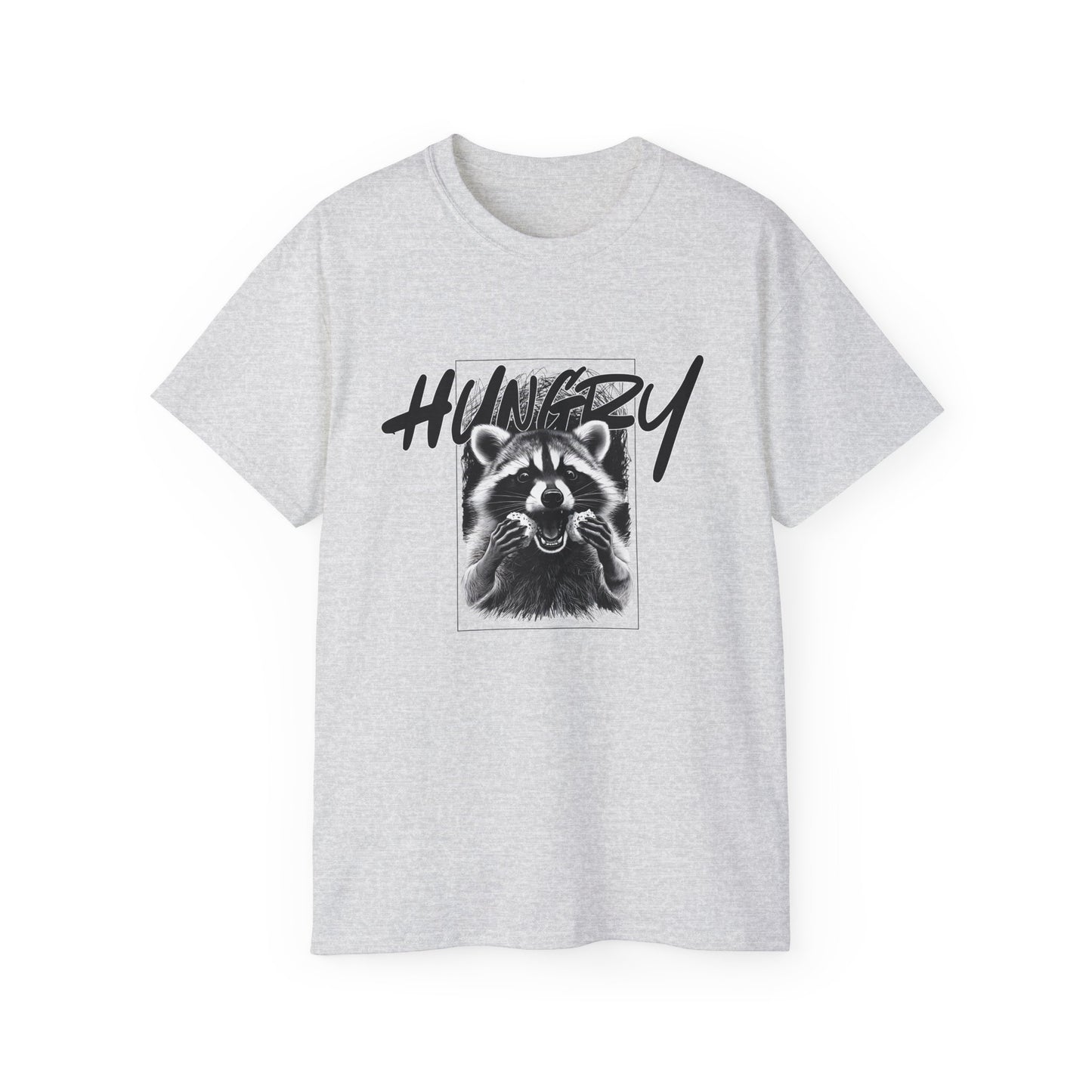 Hungry Raccoon Graphic Tee – Vintage Black & White Animal T-Shirt