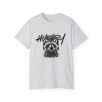 Hungry Raccoon Graphic Tee – Vintage Black & White Animal T-Shirt