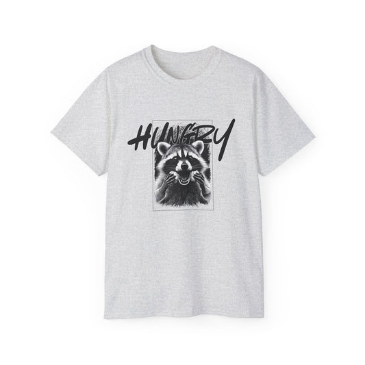Hungry Raccoon Graphic Tee – Vintage Black & White Animal T-Shirt