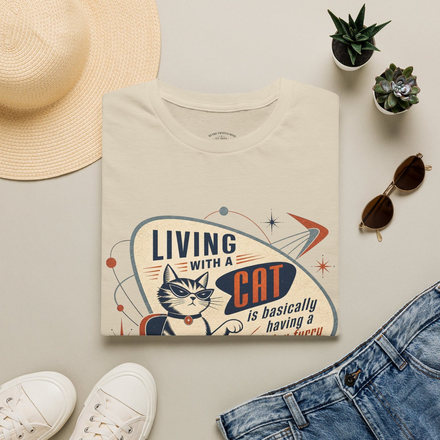 Cat T-Shirt — "Living with a Cat is Basically Having a Furry CEO" Retro Graphic