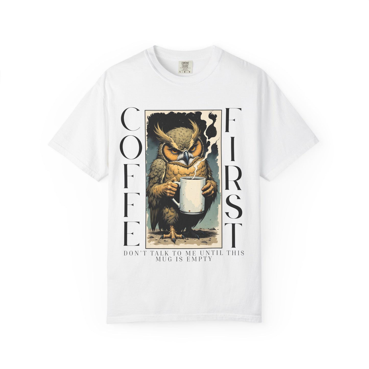 Coffee First Owl T-Shirt — Vintage Owl Holding  Graphic Tee