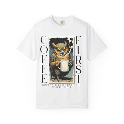 Coffee First Owl T-Shirt — Vintage Owl Holding  Graphic Tee