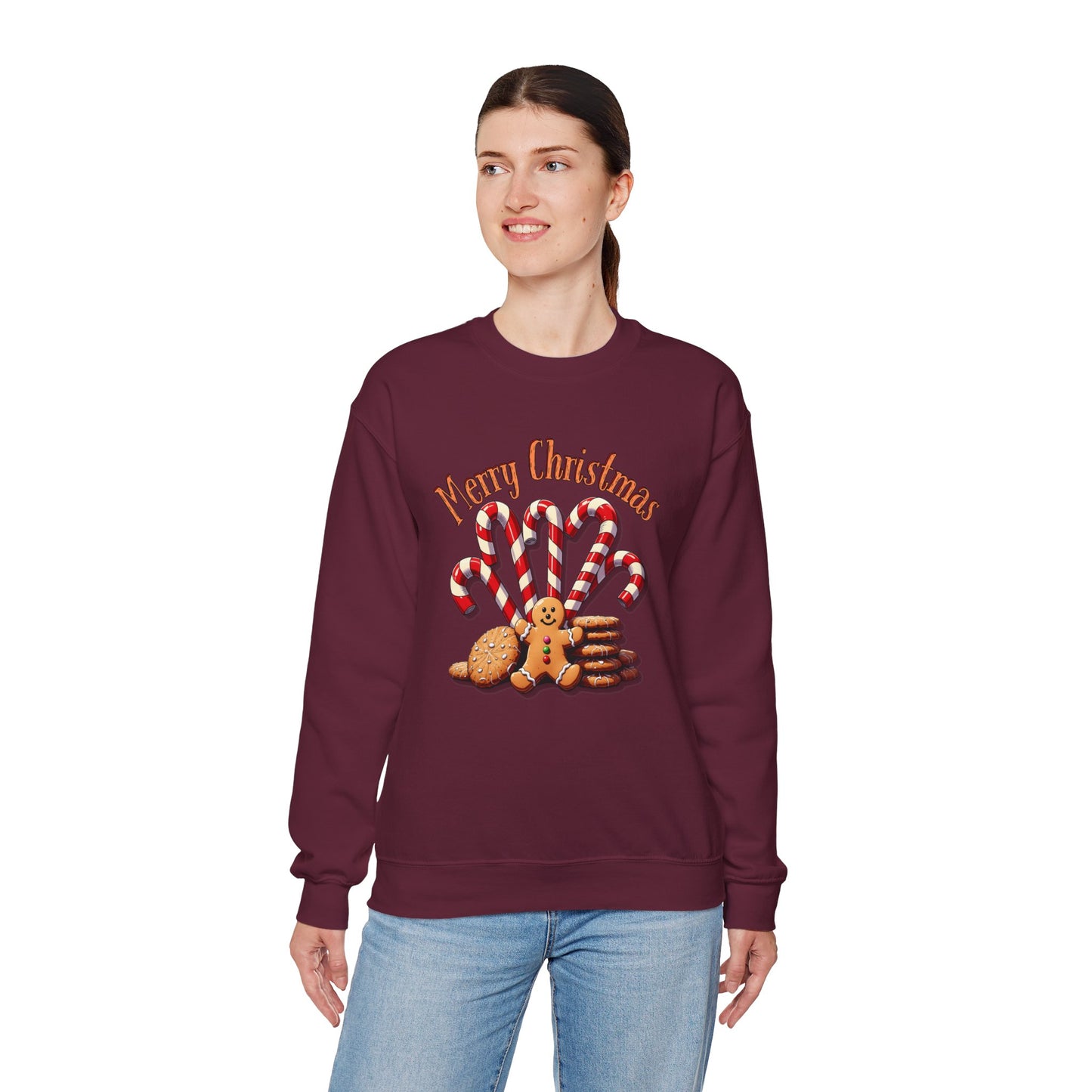 Christmas Candy Canes Crewneck Sweatshirt — "Merry Christmas" Gingerbread Holiday Sweater