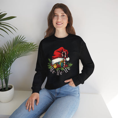 Christmas Sweatshirt - 'Ho-Ho-Ho' Santa Hat & Holly Holiday Crewneck