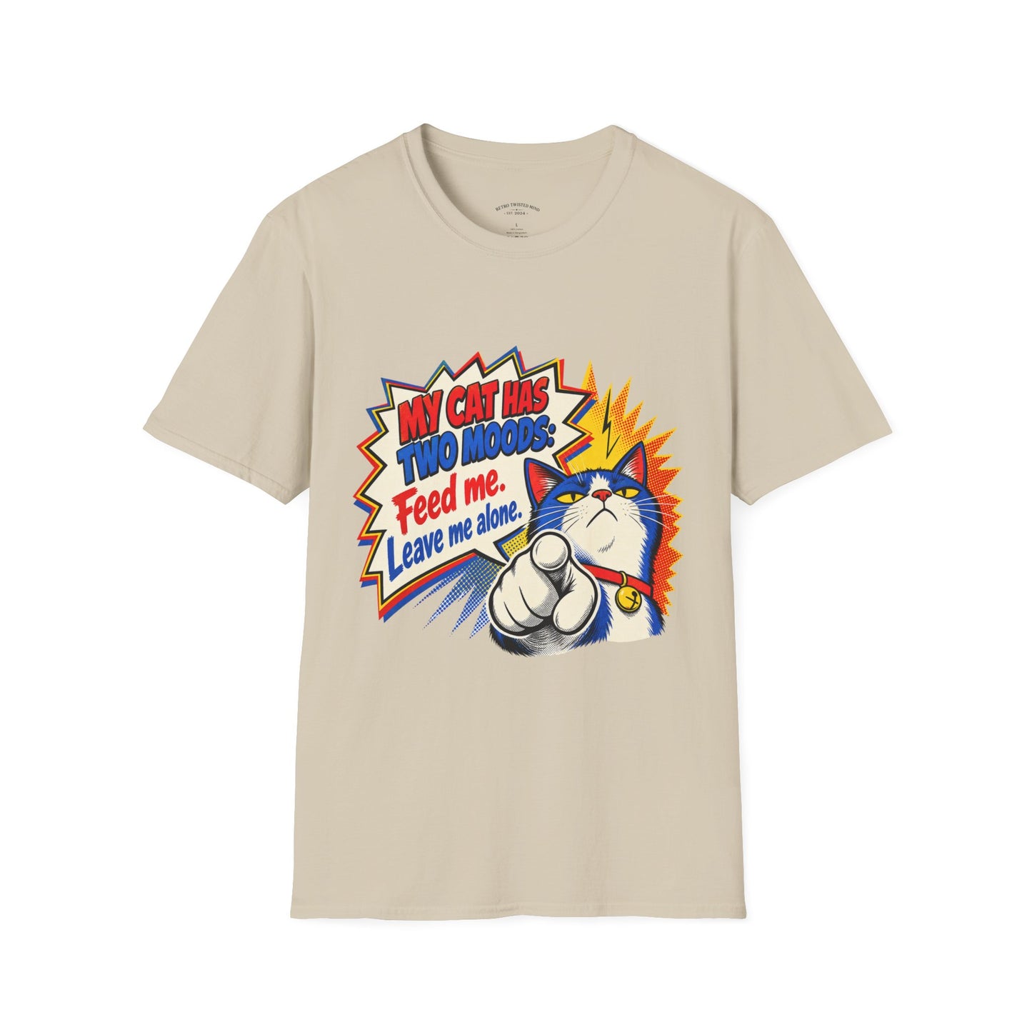 Cat T-Shirt — "My Cat Has Two Moods: Feed Me, Leave Me Alone" Funny Retro Comic Tee
