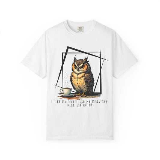 Owl & Coffee Graphic T-Shirt — 'A Day to Coffee and Contemplate'