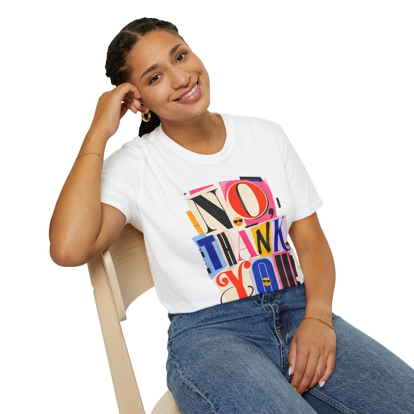 No, Thank You Graphic Tee — Colorful Bold Lettering T‑Shirt