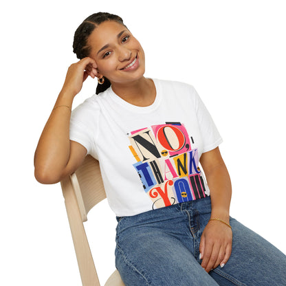 No, Thank You Graphic Tee — Colorful Bold Lettering T‑Shirt