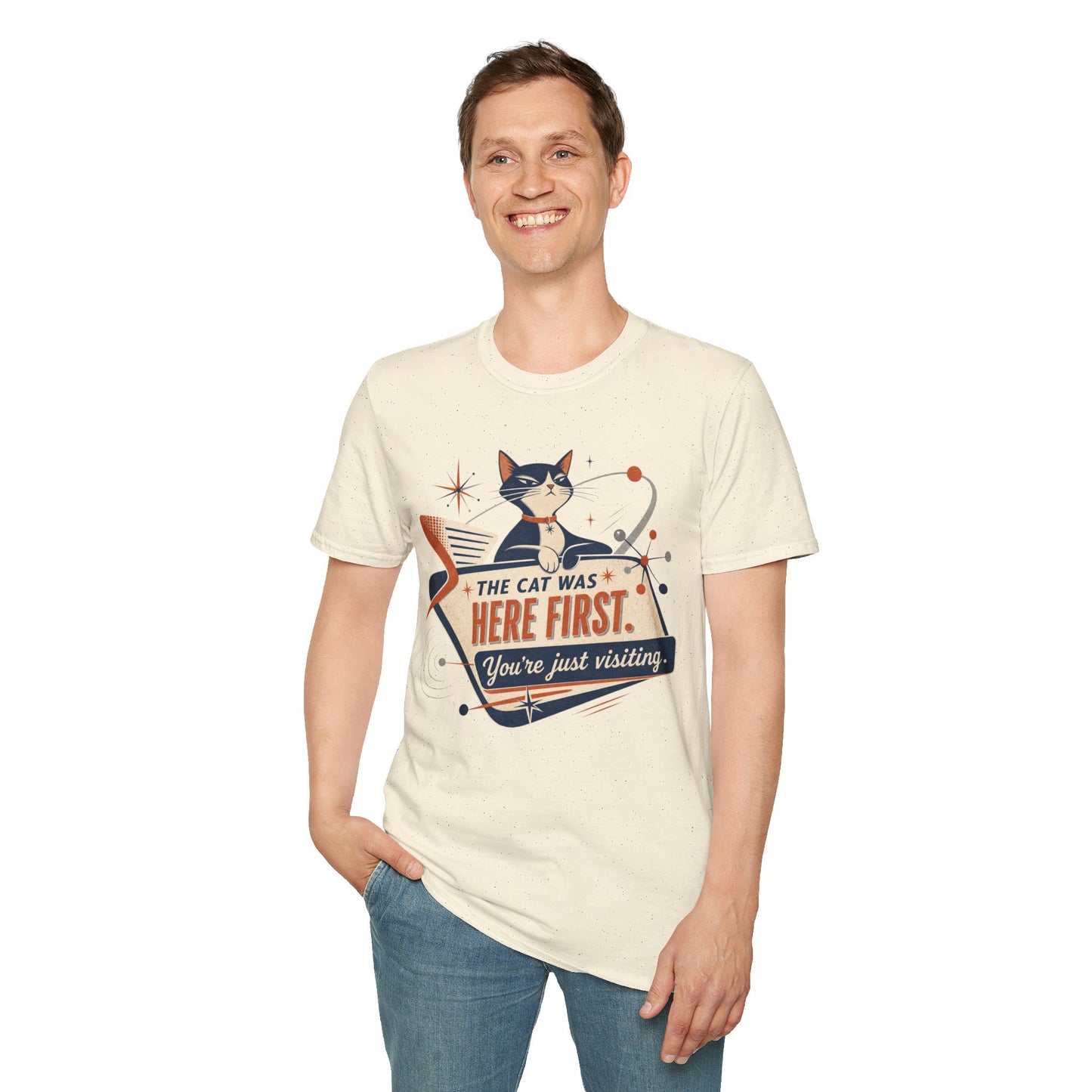 Cat Was Here First T-Shirt — Retro Mid-Century Kitty "You’re Just Visiting" Tee