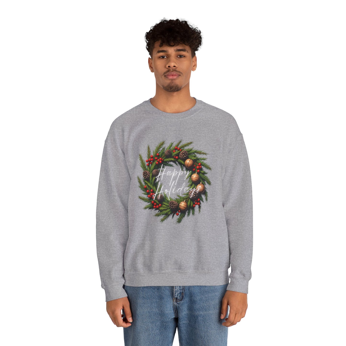 Christmas Wreath Crewneck Sweatshirt – Festive Pine & Ornaments Holiday Sweater
