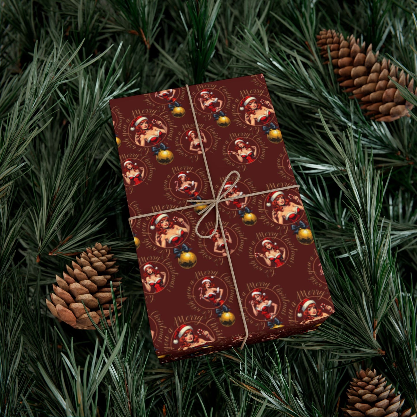 Wrapping Paper — Vintage Pinup red hair girl & Ornaments Christmas Gift Wrap