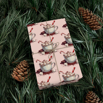 Tea Cup Pattern Gift Wrap Paper — Pink Hot Cocoa & Candy Cane Holiday Wrapping Paper