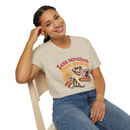 Less Scrolling More Strolling T-Shirt — Retro Dog Walk Graphic Tee
