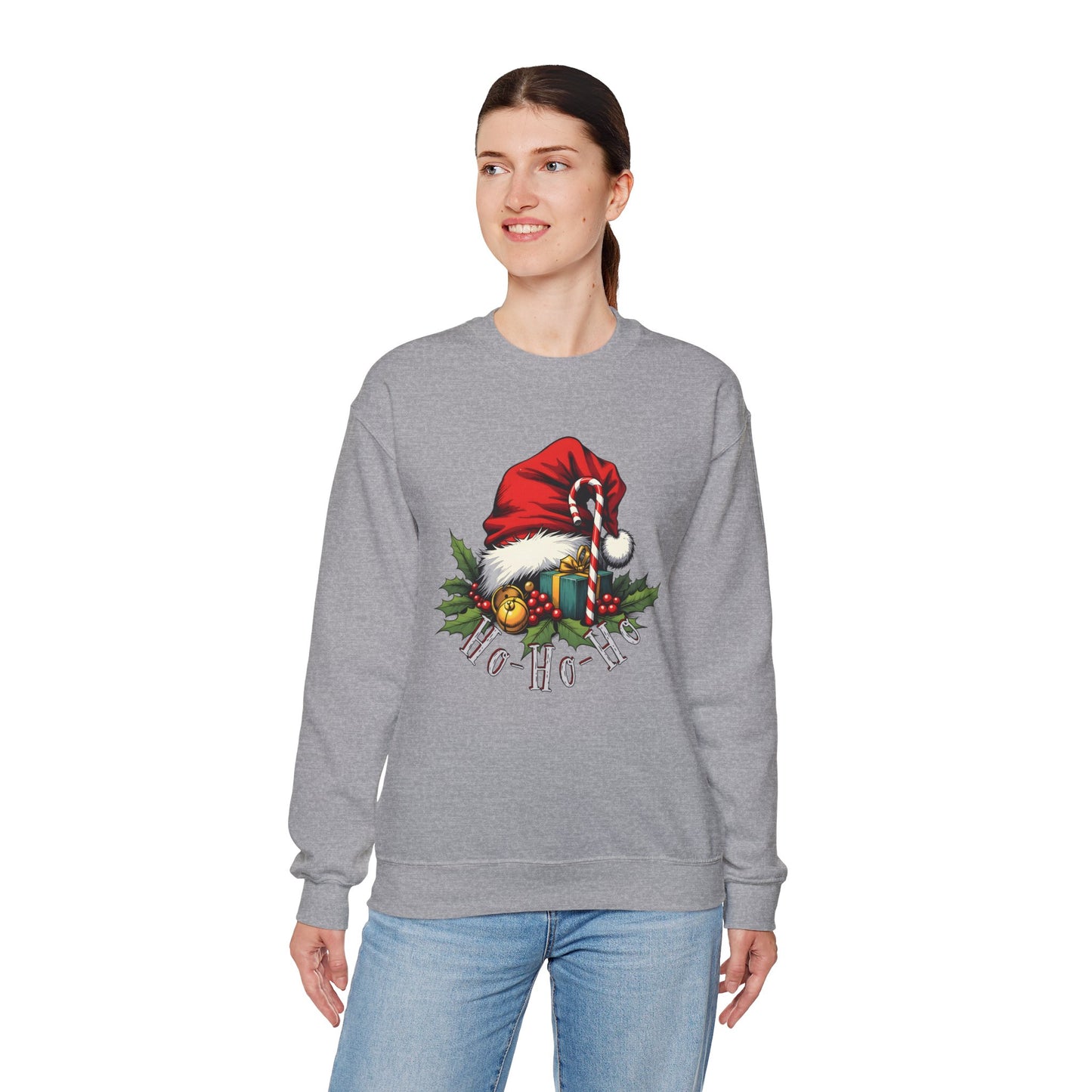 Christmas Sweatshirt - 'Ho-Ho-Ho' Santa Hat & Holly Holiday Crewneck