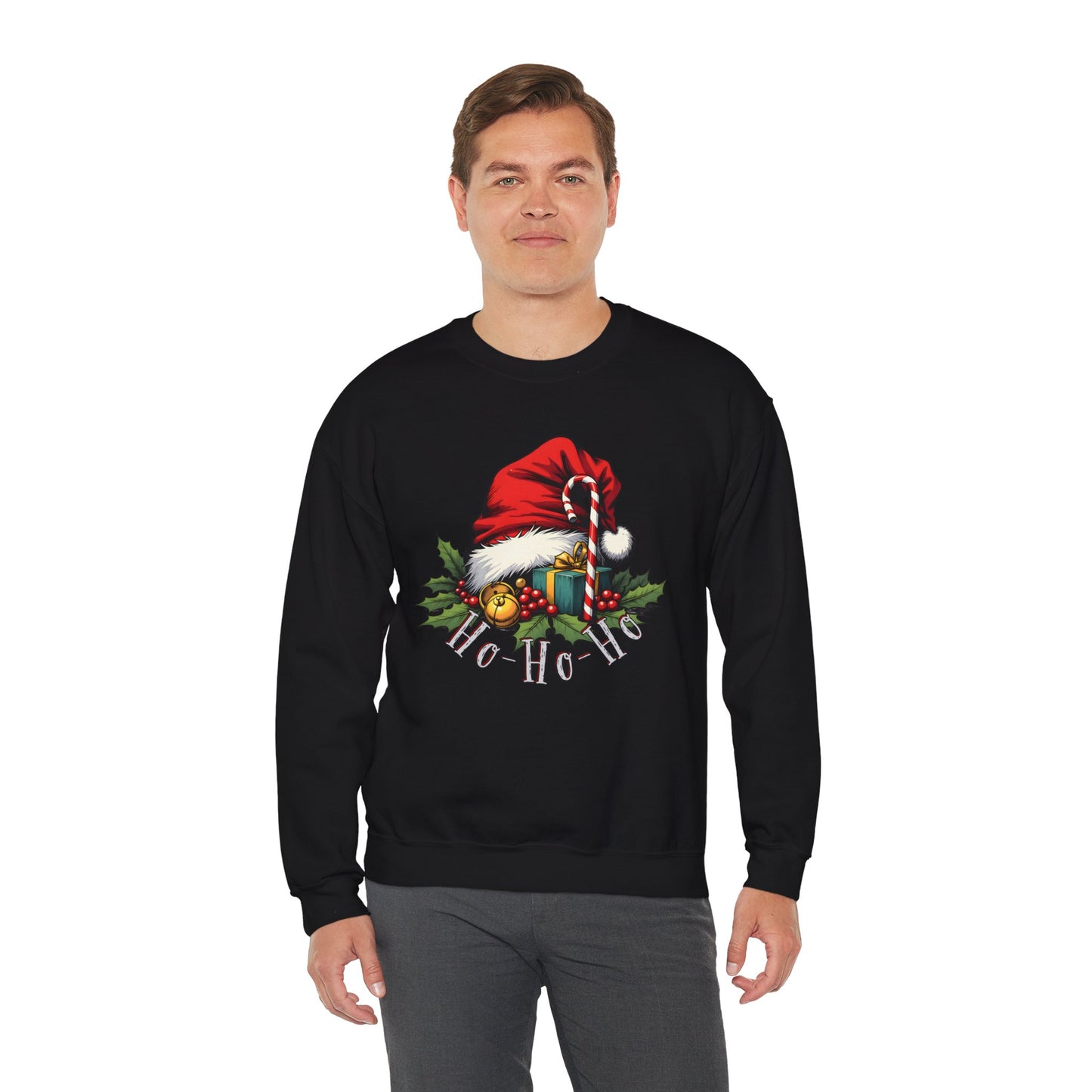 Christmas Sweatshirt - 'Ho-Ho-Ho' Santa Hat & Holly Holiday Crewneck