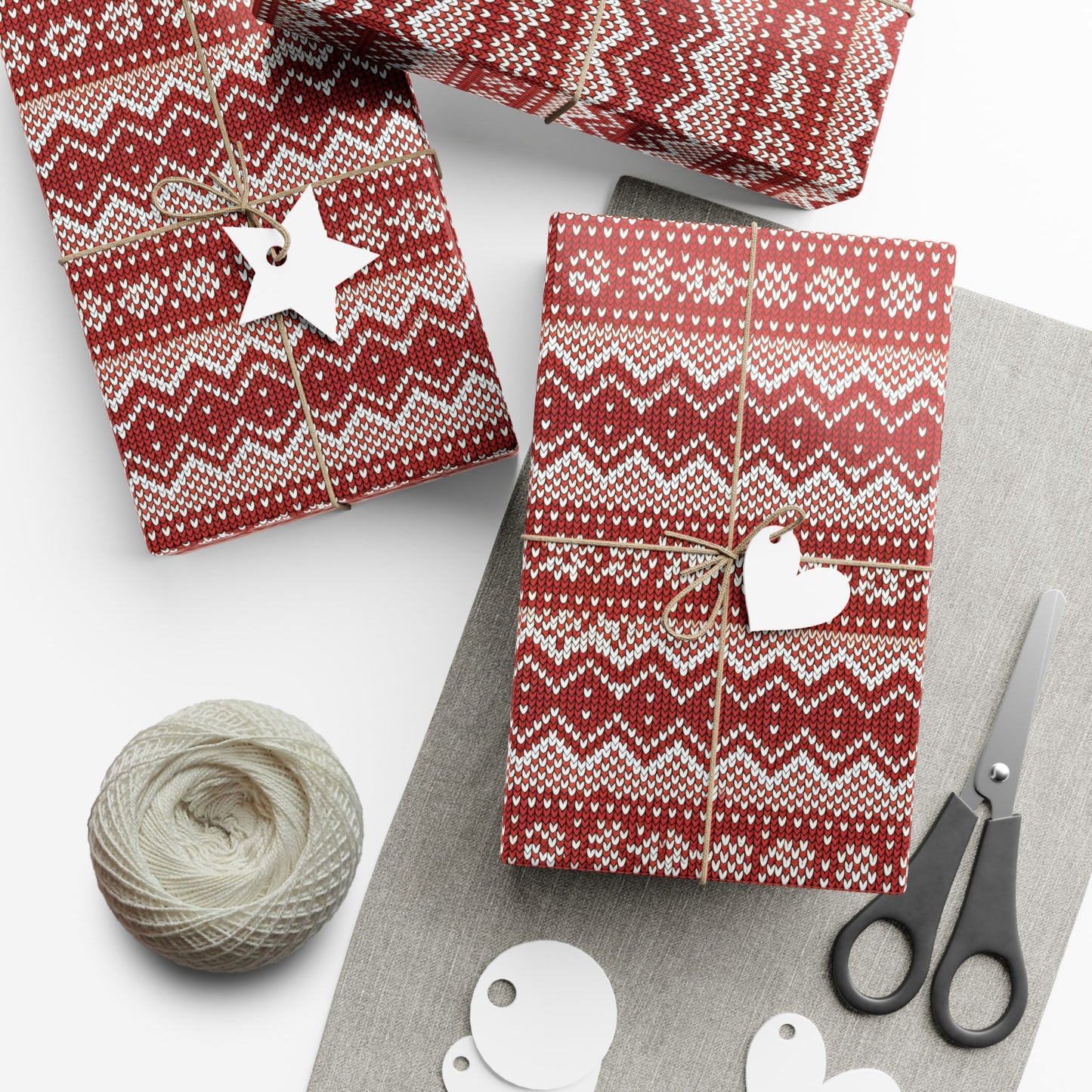 Holiday Knit-Pattern Gift Wrap Paper — Red Nordic Christmas Wrapping Sheets