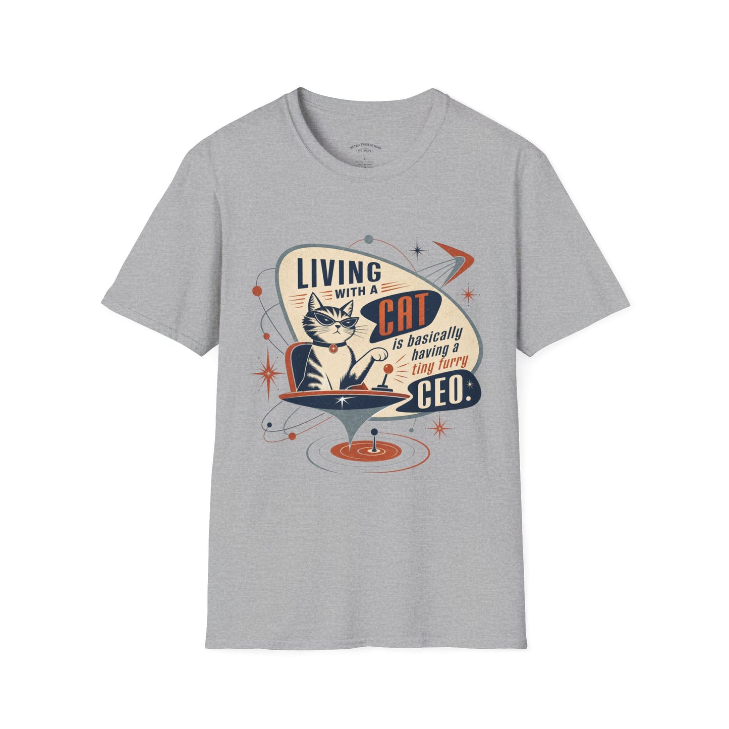Cat T-Shirt — "Living with a Cat is Basically Having a Furry CEO" Retro Graphic