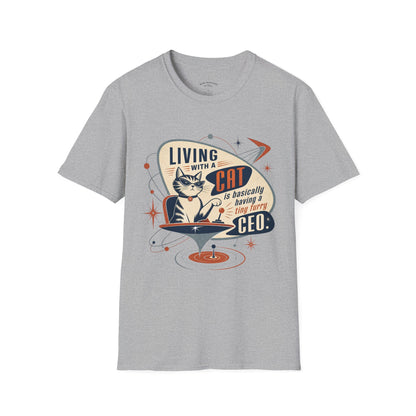 Cat T-Shirt — "Living with a Cat is Basically Having a Furry CEO" Retro Graphic