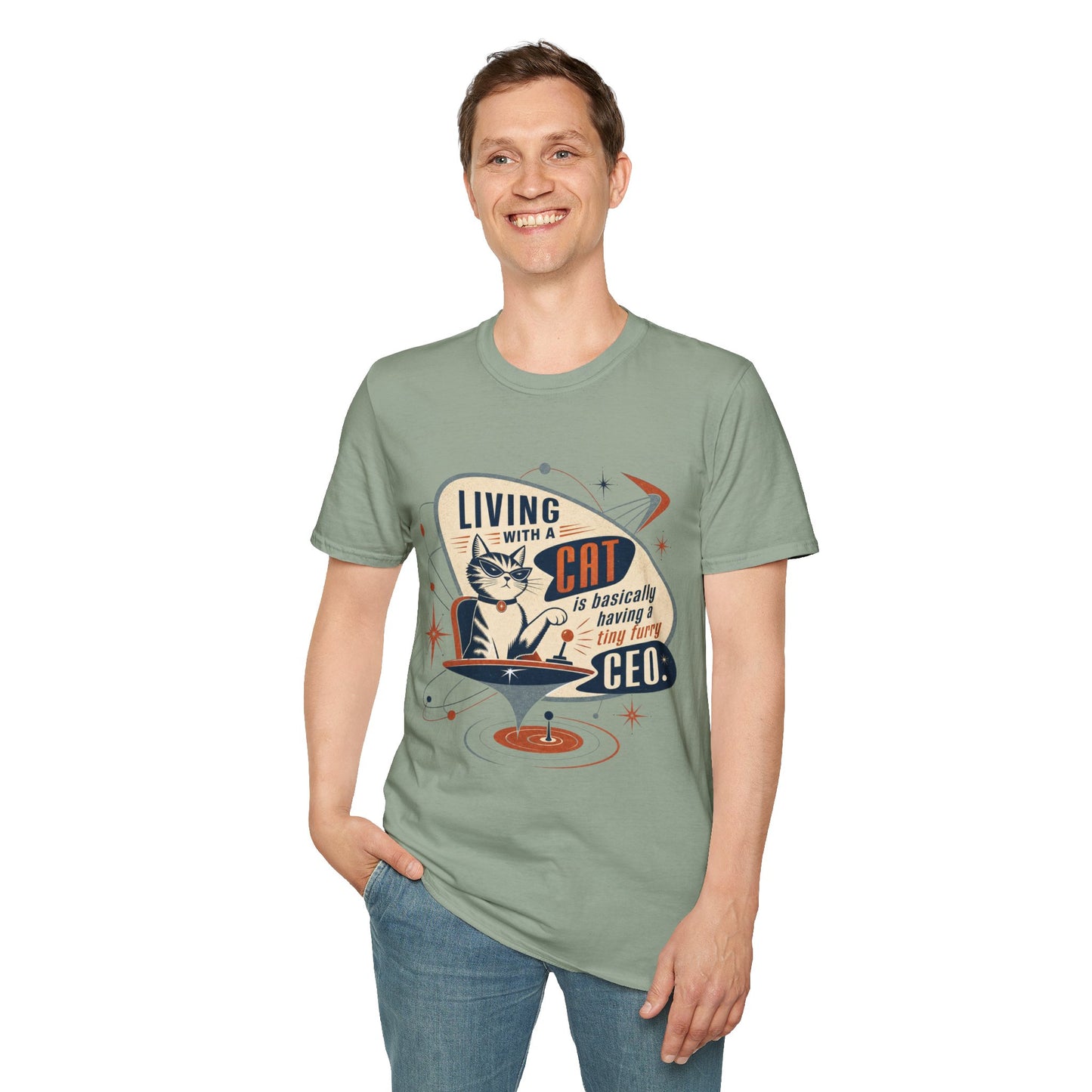 Cat T-Shirt — "Living with a Cat is Basically Having a Furry CEO" Retro Graphic