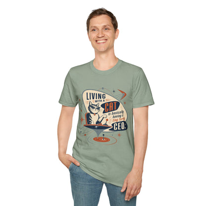 Cat T-Shirt — "Living with a Cat is Basically Having a Furry CEO" Retro Graphic