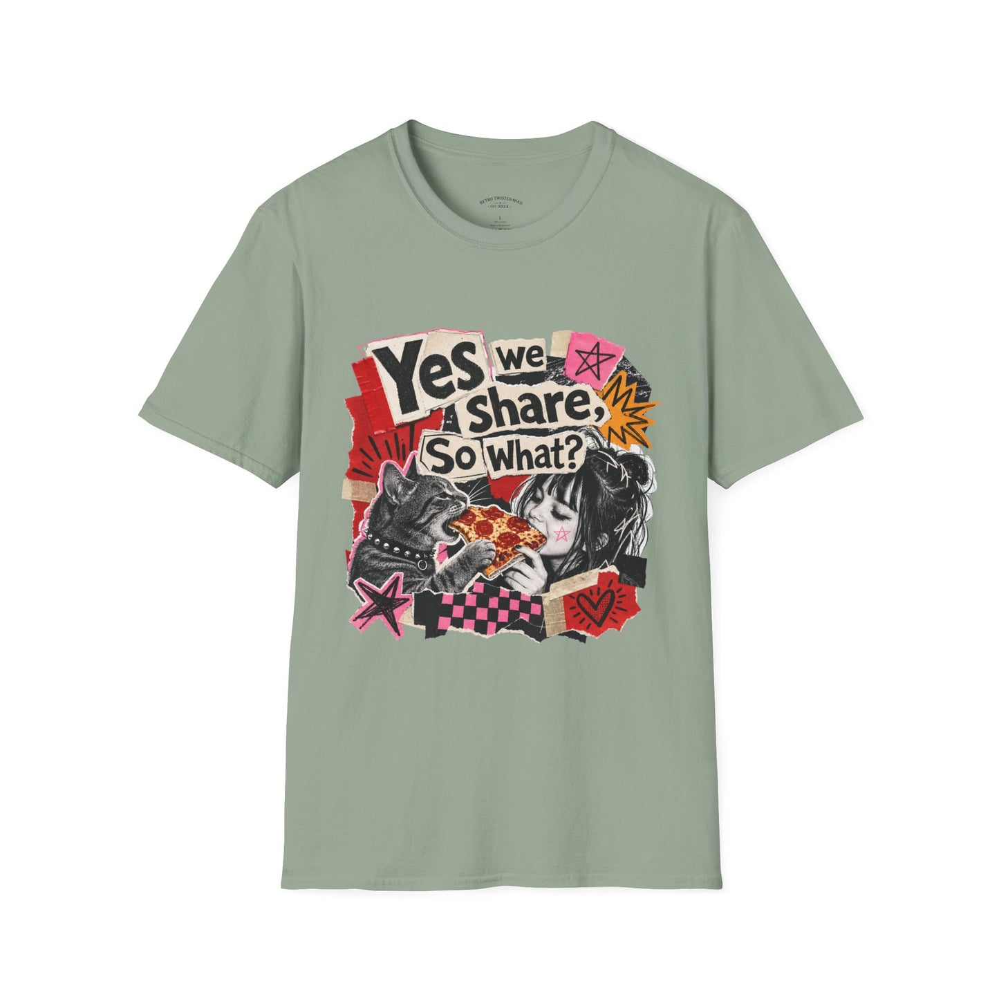 T-Shirt — "Yes We Share, So What?" Retro Collage Graphic Tee